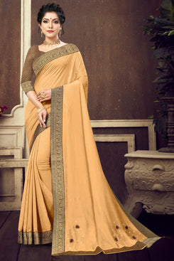 Bhelpuri Beige Vichitra silk Lace Work Traditional Saree with Blouse Piece
