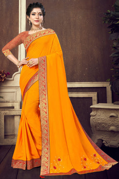 Bhelpuri Yellow Vichitra silk Lace Work Traditional Saree with Blouse Piece