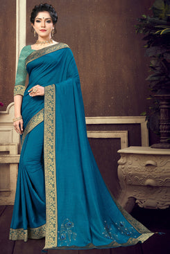 Bhelpuri Blue Vichitra silk Lace Work Traditional Saree with Blouse Piece