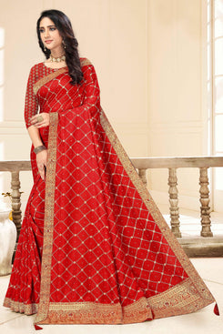 Admyrin Red Vichitra silk Embroidered pallu with sarostik work Designer Party Wear Saree with Blouse Piece