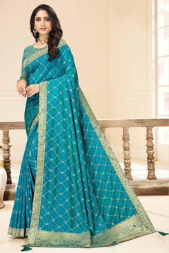 Admyrin Blue Vichitra silk Embroidered pallu with sarostik work Designer Party Wear Saree with Blouse Piece