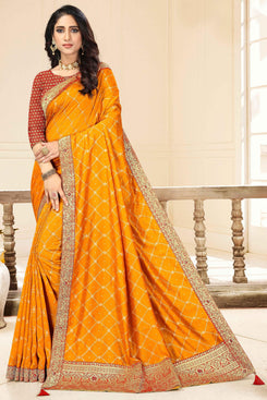 Admyrin Yellow Vichitra silk Embroidered pallu with sarostik work Designer Party Wear Saree with Blouse Piece