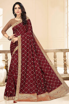 Admyrin Maroon Vichitra silk Embroidered pallu with sarostik work Designer Party Wear Saree with Blouse Piece