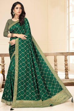 Admyrin Green Vichitra silk Embroidered pallu with sarostik work Designer Party Wear Saree with Blouse Piece