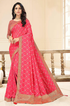 Admyrin Pink Vichitra silk Embroidered pallu with sarostik work Designer Party Wear Saree with Blouse Piece