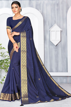 Bhelpuri Blue Vichitra silk Lace with stone Work Traditional Saree with Blouse Piece
