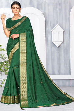Bhelpuri Green Vichitra silk Lace with stone Work Traditional Saree with Blouse Piece