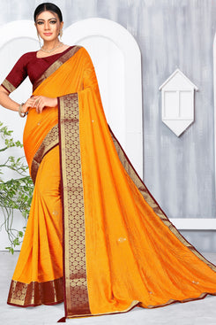Bhelpuri Yellow Vichitra silk Lace with stone Work Traditional Saree with Blouse Piece