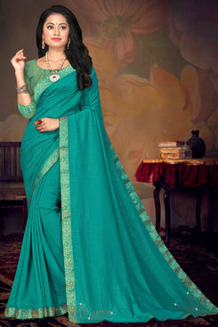 Bhelpuri Turquoise Green Vichitra silk Lace Work Traditional Saree with Blouse Piece