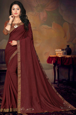 Bhelpuri Maroon Vichitra silk Lace Work Traditional Saree with Blouse Piece