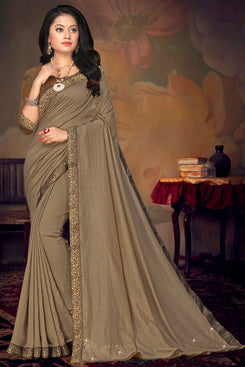 Bhelpuri Brown Vichitra silk Lace Work Traditional Saree with Blouse Piece