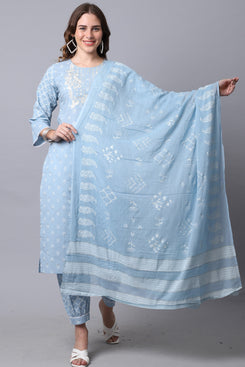 Admyrin Women's Sky Blue Pure Cambric Cotton Jaipuri Printed & Embroidered Kurta Set with Dupatta