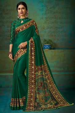 Bhelpuri Green Poly Chiffon Printed Saree with Blouse Piece