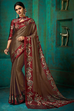 Bhelpuri Beige Poly Chiffon Printed Saree with Blouse Piece