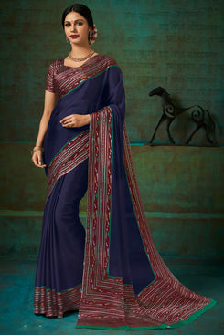 Bhelpuri Blue Poly Chiffon Printed Saree with Blouse Piece