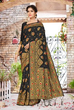 Bhelpuri Black Banarasi Silk Woven Saree with Blouse Piece
