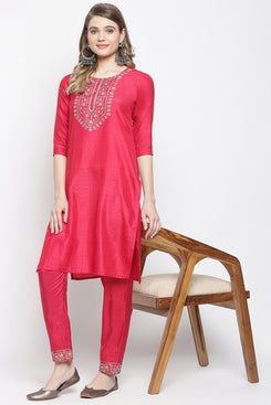 Admyrin Women's Pink Silk Blend Kurta With Pant