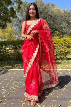 Admyrin Red Organza Printed Saree with Blouse Piece