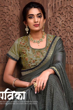 Bhelpuri Grey Dual tone silk georgette Flock Printing, Resham Embroidery Traditional Saree with Blouse Piece