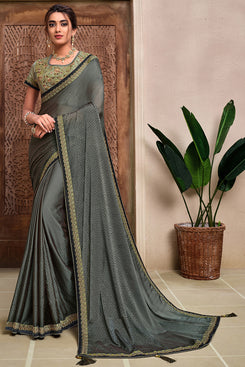 Bhelpuri Grey Dual tone silk georgette Flock Printing, Resham Embroidery Traditional Saree with Blouse Piece