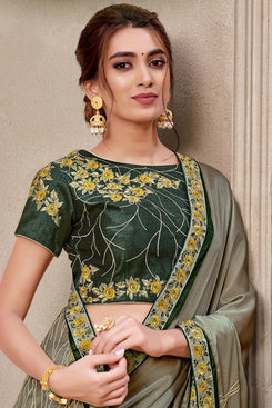 Bhelpuri Olive Green Silk Georgette Flock Printing, Resham and cord embroidery Traditional Saree with Blouse Piece