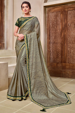 Bhelpuri Olive Green Silk Georgette Flock Printing, Resham and cord embroidery Traditional Saree with Blouse Piece