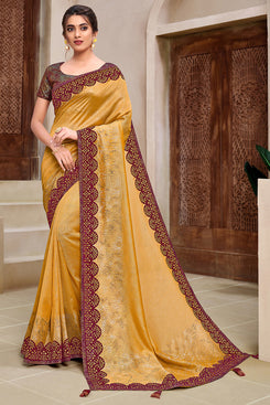 Bhelpuri Yellow  Silk Georgette Applique Work Traditional Saree with Blouse Piece