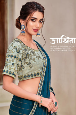 Bhelpuri Teal Chiffon Metallic Foil Print, Cord and resham embroidery Traditional Saree with Blouse Piece