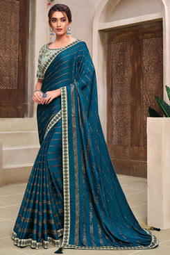 Bhelpuri Teal Chiffon Metallic Foil Print, Cord and resham embroidery Traditional Saree with Blouse Piece