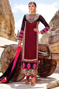 Bhelpuri Maroon Georgette, Net and Velvet Fancy Suit with Embroidery and Butta Work with Dupatta