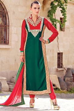 Bhelpuri Green and Red Velvet Salwar Suit with Chiffon Dupatta Having Embroidery Work
