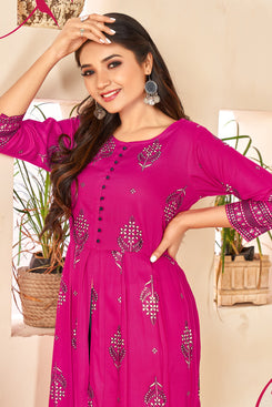 Admyrin Pink Heavy Rayon Foil Printed Trendy A-Line Gown