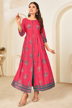 Admyrin Pink Heavy Rayon Foil Printed Trendy A-Line Gown
