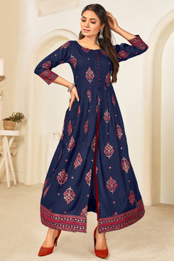 Admyrin Navy Blue Heavy Rayon Foil Printed Trendy A-Line Gown