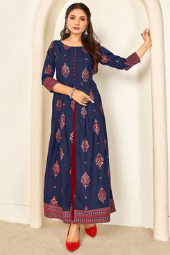 Admyrin Navy Blue Heavy Rayon Foil Printed Trendy A-Line Gown