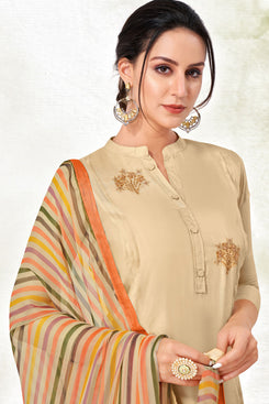 Admyrin Beige Embroidred Designer Chanderi Cotton Salwar Suit