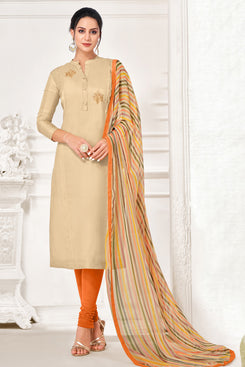 Admyrin Beige Embroidred Designer Chanderi Cotton Salwar Suit