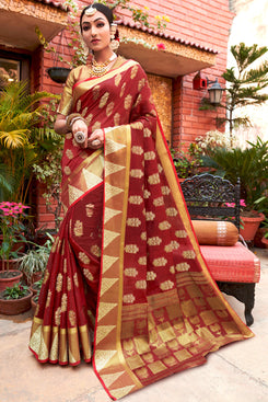 Bhelpuri Maroon Cotton Handloom Woven Traditional Saree with Blouse Piece