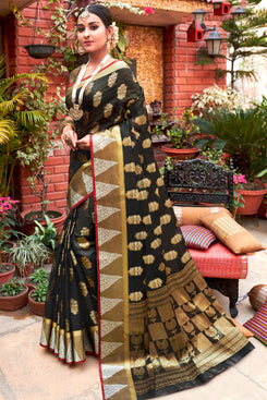 Bhelpuri Black Cotton Handloom Woven Traditional Saree with Blouse Piece