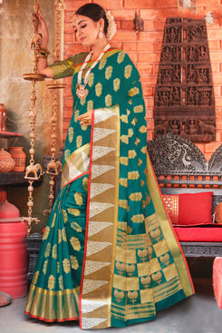 Bhelpuri Rama Green Cotton Handloom Woven Traditional Saree with Blouse Piece