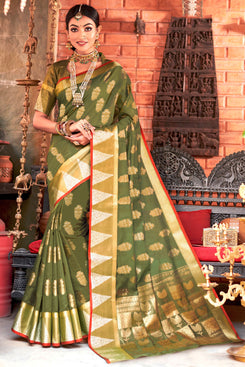 Bhelpuri Green Cotton Handloom Woven Traditional Saree with Blouse Piece