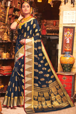Bhelpuri Navy Blue Cotton Handloom Woven Traditional Saree with Blouse Piece