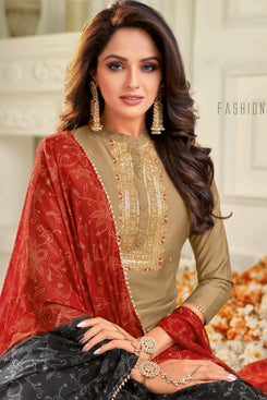 Admyrin Beige Embroidred Designer Chanderi Cotton Salwar Suit