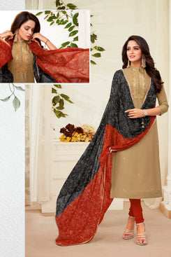 Admyrin Beige Embroidred Designer Chanderi Cotton Salwar Suit