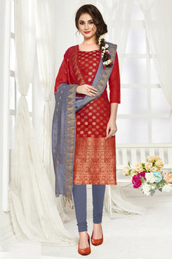 Admyrin Red Banarasi  Woven Dress Material