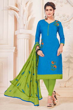 Admyrin Sky Blue South Cotton Slub Embroidery Dress Material