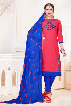 Admyrin Pink South Cotton Slub Embroidery Dress Material