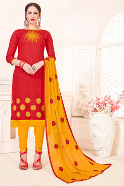 Admyrin Red South Cotton Slub Embroidery Dress Material