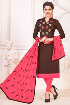 Admyrin Brown South Cotton Slub Embroidery Dress Material