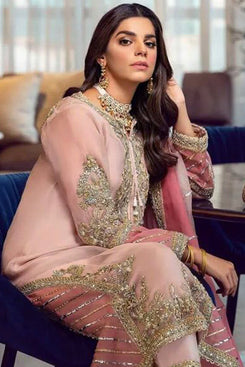 Admyrin Peach Faux Georgette Semi-stiched Party Wear Salwar Suit with Bottom and Dupatta